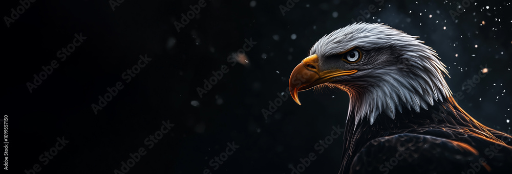 Fototapeta premium Majestic American Bald Eagle Amidst Dramatic Dark Backdrop Banner