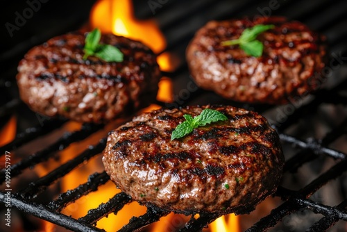 Lamb Burgers. Mince Meat with Spearmint and Black Pepper Blend Grilled on Charcoal BBQ with Flame photo