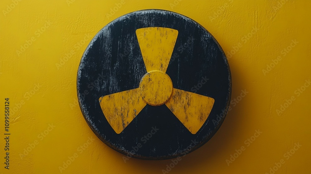 Fototapeta premium Black radioactive sign over yellow background, radioactive, sign, symbol, caution, warning, hazard, nuclear, danger, safety