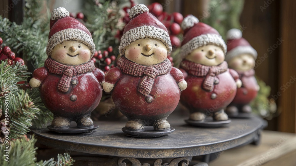 Fototapeta premium Three Festive Red Snowman Ornaments Displayed Decoratively