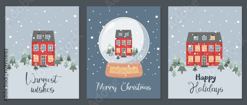 Christmas greeting card set. Red houses on blue background.