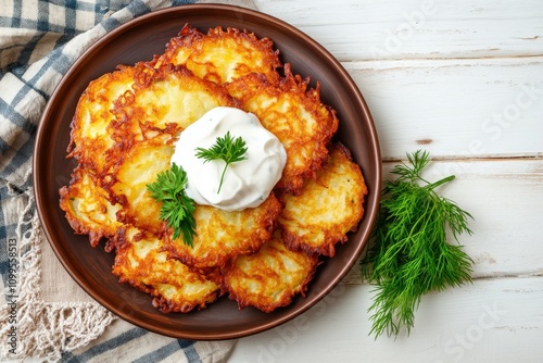 Latkes Serving with Sour Cream on Rustic White Wooden Table. Top View, Closeup of Crispy Potato Pancakes with Yellow Parsley and Dill photo