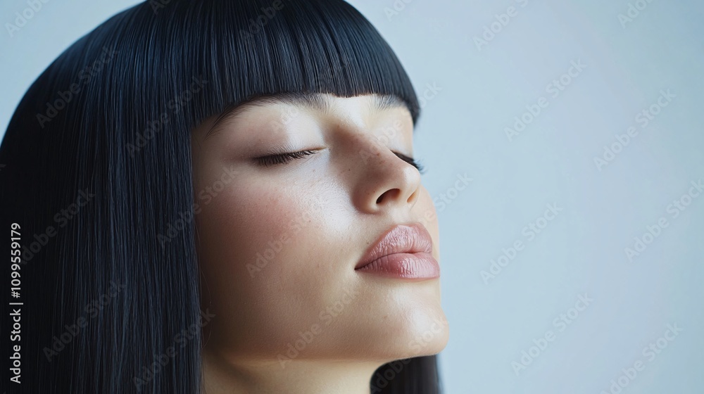 Naklejka premium Beautiful model with flawless skin and trendy haircut posing with eyes closed