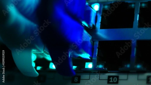 Super macro of working Ethernet Switch. Utp cables. 10/100/1000 Mbps.
