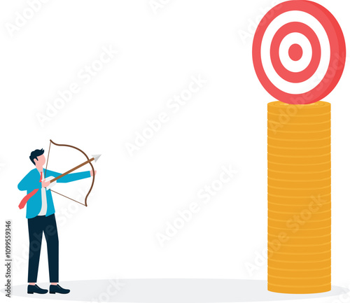 Motivation for success. achieving business goals or duties and responsibilities. complete project goals and reward bonuses, businessmen hit the bullseye and get monetary reward. Businessman shooting a