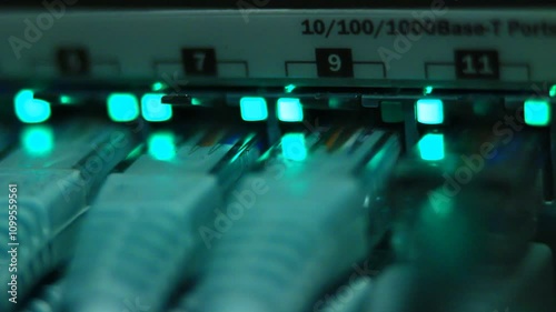 Super macro of working Ethernet Switch. Utp cables. 10/100/1000 Mbps.