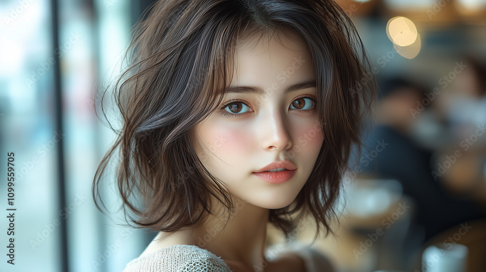 Fototapeta premium 美女, 女性, 美しい, 顔, モデル, 日本, 韓国, 中国, アジア, カフェ, ファッション