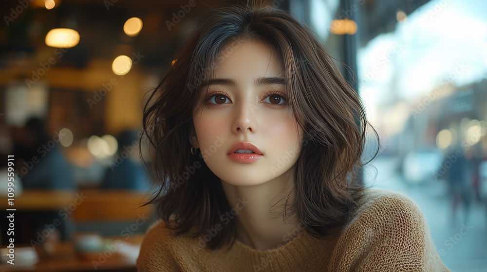 Obraz premium 美女, 女性, 美しい, 顔, モデル, 日本, 韓国, 中国, アジア, カフェ, ファッション