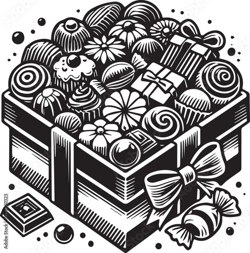 Elegant black and white gift box overflowing with assorted chocolates. A stylized, black and white illustration of a gift box filled with various chocolates.