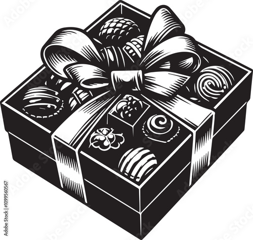 Elegant black and white gift box overflowing with assorted chocolates. A stylized, black and white illustration of a gift box filled with various chocolates.