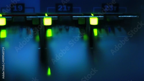 Super macro of working Ethernet Switch. Utp cables. 10/100/1000 Mbps.