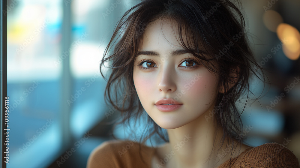 Fototapeta premium 美女, 女性, 美しい, 顔, モデル, 日本, 韓国, 中国, アジア, カフェ, ファッション