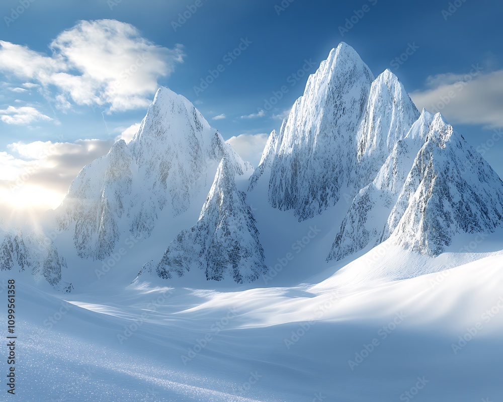 Naklejka premium Towering snowy peaks reflecting soft sunlight on a bright, frosty winter morning ,
