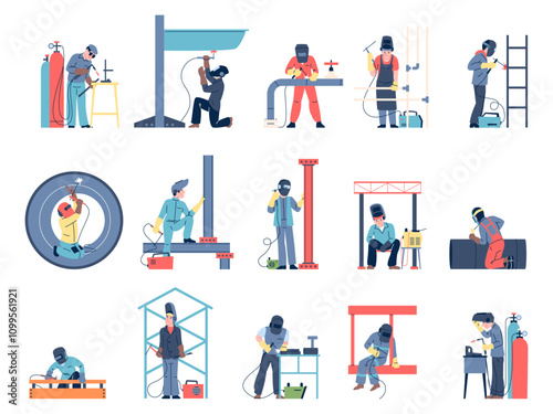 Welder employee. Welders working with metal and iron, renovation pipelines and building process. Men in uniform welding process, recent vector scenes
