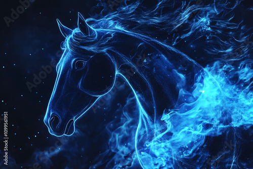 An abstract digital background banner featuring a stylized horse design in black and blue tones, creating a dynamic and modern aesthetic.