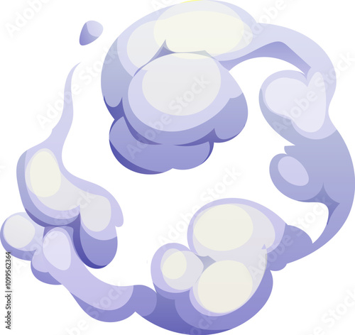 Cartoon white smoke cloud drifts gently through the air, its ethereal tendrils swirling and dancing with a ghostly grace. Isolated vector transient mist envelops surroundings in soft, mysterious veil