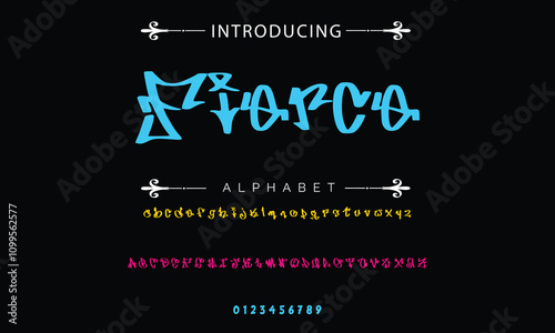  Graffiti Style Typography Artistic Font Design A, B, C, D, E, F, G, H, I, J, K, L, M, N, O, P, Q, R, S, T, U, V, W, X, Y, Z and Arab numerals 0, 1, 2, 3, 4, 5, 6, 7, 8, 9 Graffiti font.