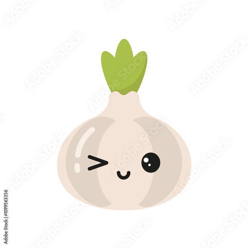 Cute garlic winking. Flat vector illustration on white background.