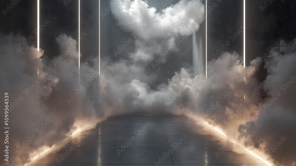 Obraz premium Futuristic Smoke Filled Corridor With Glowing Lights