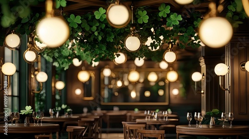 St.Patrick ireland cheers. A cozy restaurant interior adorned with green foliage and glowing pendant lights, creating an inviting atmosphere for diners. photo