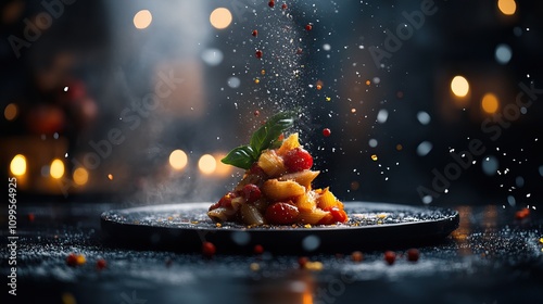 Penne pasta served with spicy arrabiata sauce, garnished with basil and freshly grated parmesan on a dark table, evoking Italian cuisine photo