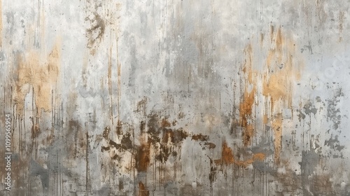 Rustic industrial wall texture with orange rust and gray concrete, featuring peeling paint and weathered stains, perfect for grunge backgrounds or abstract industrial art.