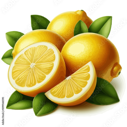 Digital Illustration of Fresh Lemons with Green Leaves – Bright Yellow Fruits and Juicy Cut Half on White Background