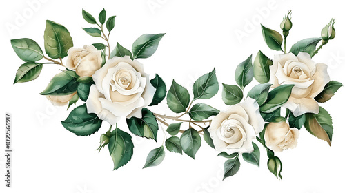 Watercolor illustration white cream rose and green leaves isolated on white background. Border hand painted natural plant twigs with light peach fuzz color roses rose for wedding card design photo