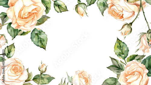 Watercolor illustration white cream rose and green leaves isolated on white background. Border hand painted natural plant twigs with light peach fuzz color roses rose for wedding card design photo