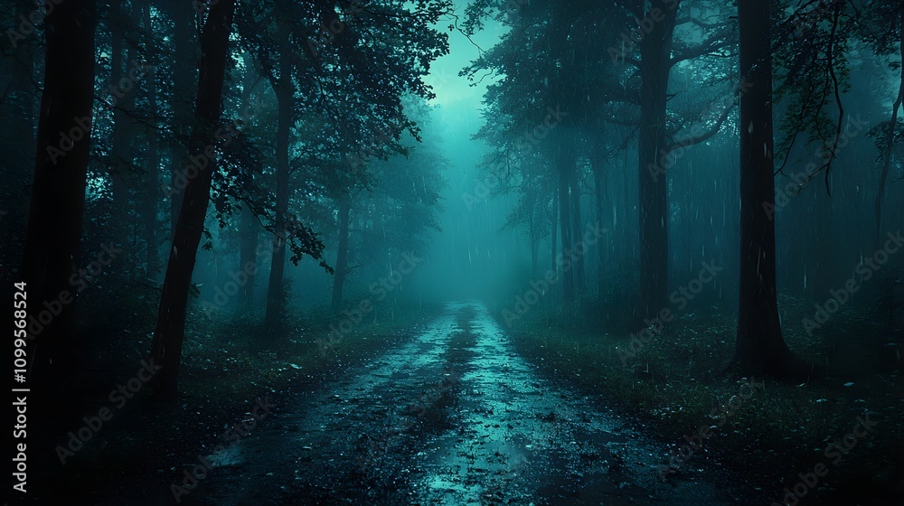 Fototapeta premium A dark, soaked forest path illuminated briefly by lightning, spectral shapes appearing amidst the rain and trees, evoking loneliness and fear, lightning silhouette forest, haunting isolation