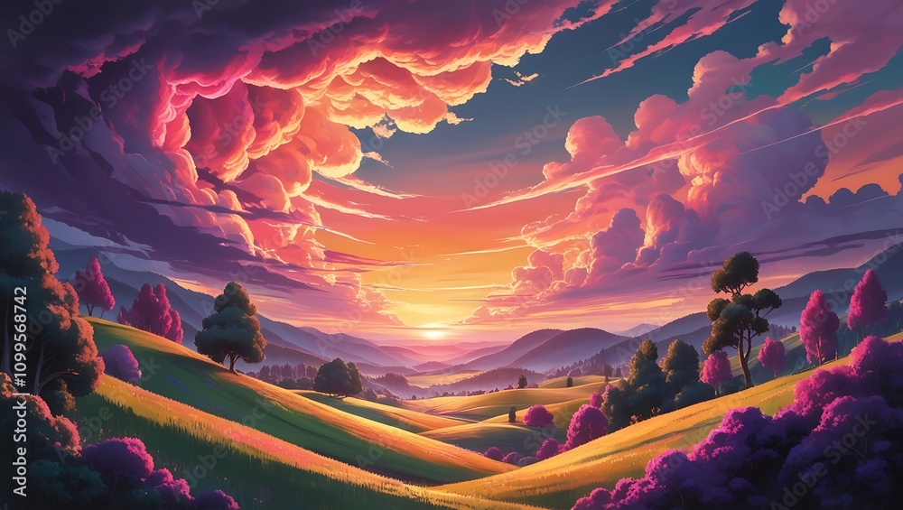 Fototapeta premium Dreamscape Sunset: A Vibrant Digital Painting