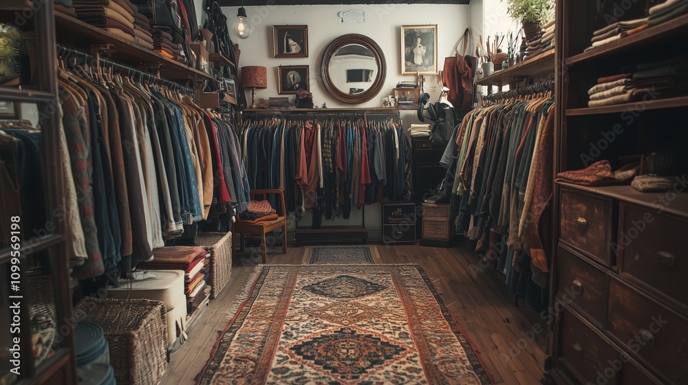 Naklejka premium Cozy Vintage Clothing Shop Interior With Stylish Garments Display