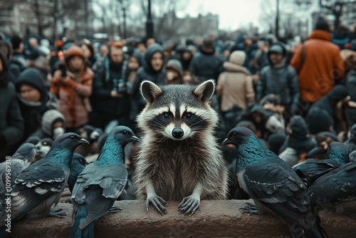 Raccoon among pigeons, city background.