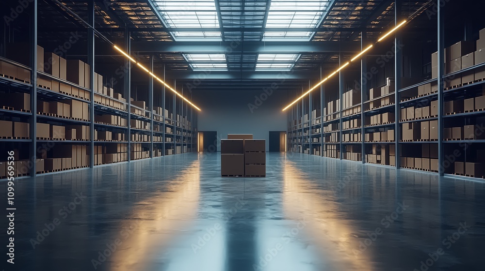 Fototapeta premium Empty Warehouse Interior with Shelves and Stacked Cardboard Boxes