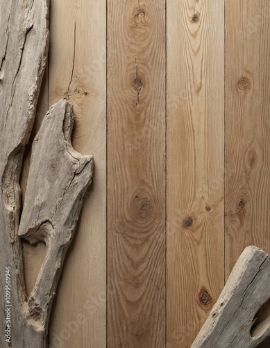 Rustic wooden texture featuring natural planks and driftwood accents. Warm, earthy tones, ideal for backgrounds, nature-inspired designs, or eco-themed projects.

