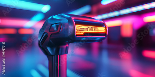 Futuristic Robotic Arm Scanning QR Code in Neon Environment photo