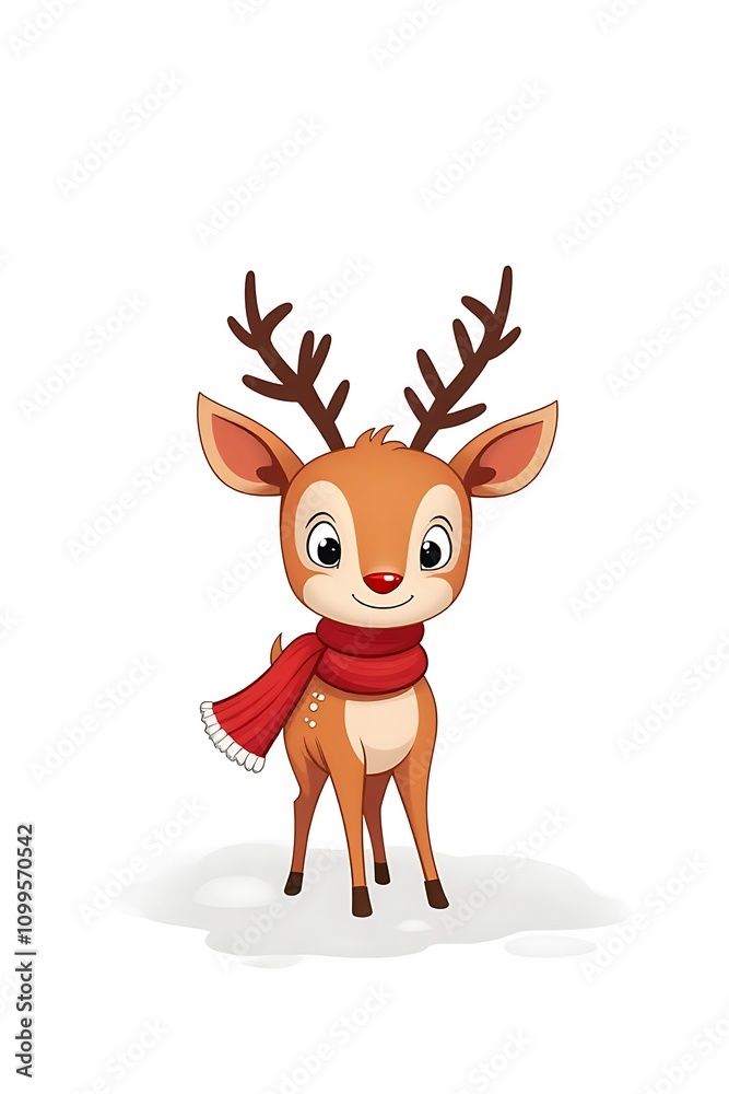Fototapeta premium Cute cartoon reindeer wearing a red scarf smiling against a white background