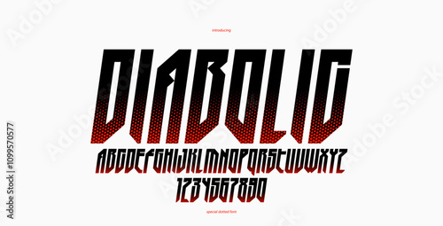 Halftone dotted futuristic cyberpunk font for logos and posters, vector brutal industrial typeface alphabet letters and numbers, urban technic future typography, italic version.