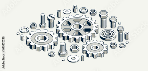 Engineer education concept, gears and cogs composition isometric 3D vector illustration, study science in university, engineering learning.