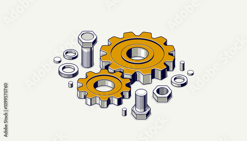Engineer education concept, gears and cogs composition isometric 3D vector illustration, study science in university, engineering learning.