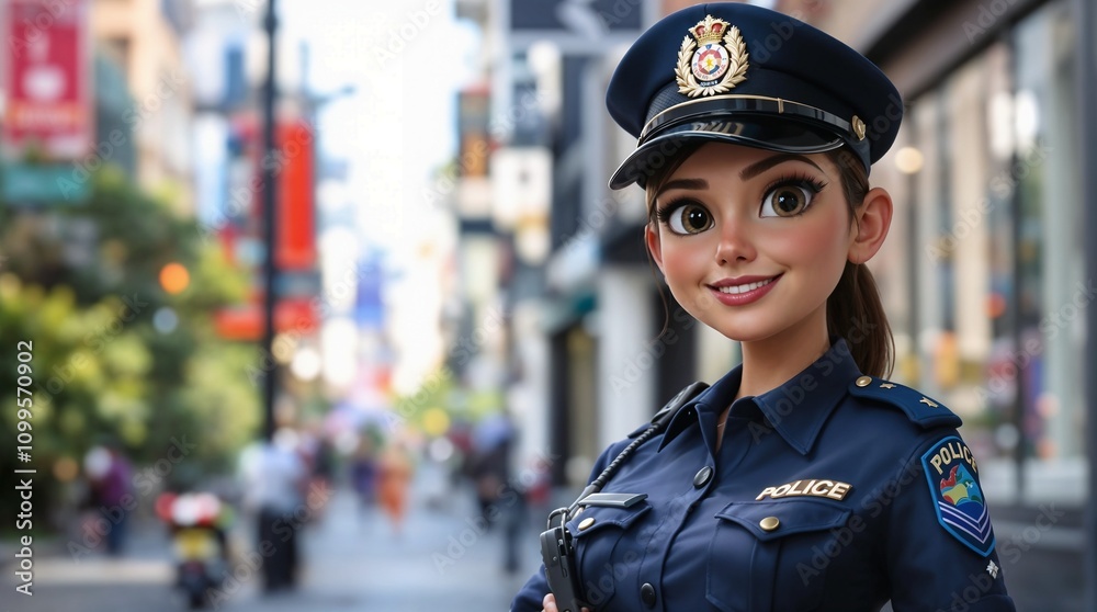 Cartoon police girl smiling in a vibrant city street setting Cartoon police girl smiling in a vibrant city street setting