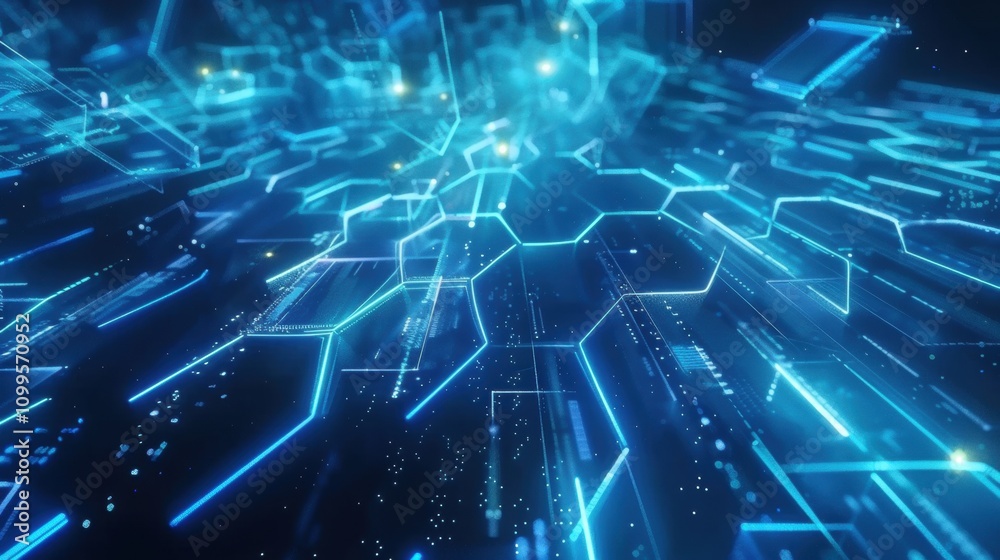 Fototapeta premium Futuristic digital network with glowing hexagonal patterns and interconnected technology in vibrant blue light, depicting advanced computing and data transfer concepts.