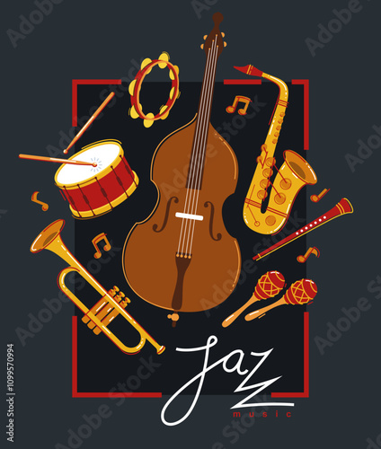 Jazz music band poster different instruments vector flat illustration on white, live sound festival or concert advertising flyer or banner, play different instruments orchestra.