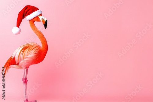 Vivid flamingo in a Santa hat on a bright pink background, embodying Christmas and New Year charm with a cheerful and festive holiday atmosphere.. photo