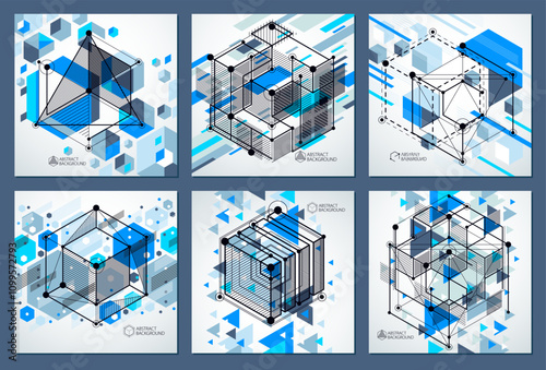 Vector abstract blue backgrounds set created in isometric mesh lines style. Mechanical scheme, vector engineering drawing with cube and mechanism parts. Perfect background for your designs