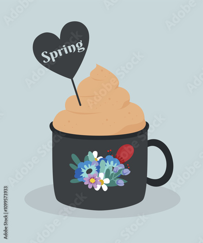 Flat Design Spring Illustration with Drink at Cream and Flowers Decoration Cup