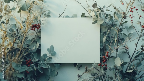  blank mockup template bordered with frosted eucalyptus and small red berries, leaving the center open for festive greetings