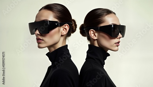 Two women wear futuristic fashion eyewear in profile. Elegant, stylish. Black turtleneck. High tech design. Sophisticated look. Modern, trendy. Autumnal mood. Minimalist. Serious expression.