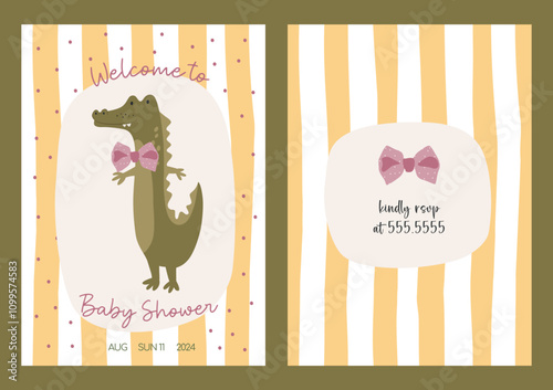 Baby invitation card for birthday party with cute kids crocodile animal. Funny alligator flat illustration. Vector baby invite design.