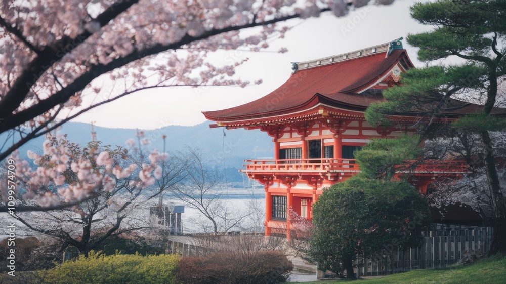 Obraz premium Traditional Japanese temple with lanterns, ornate wooden architecture, and serene surroundings, overlooking a calm landscape.